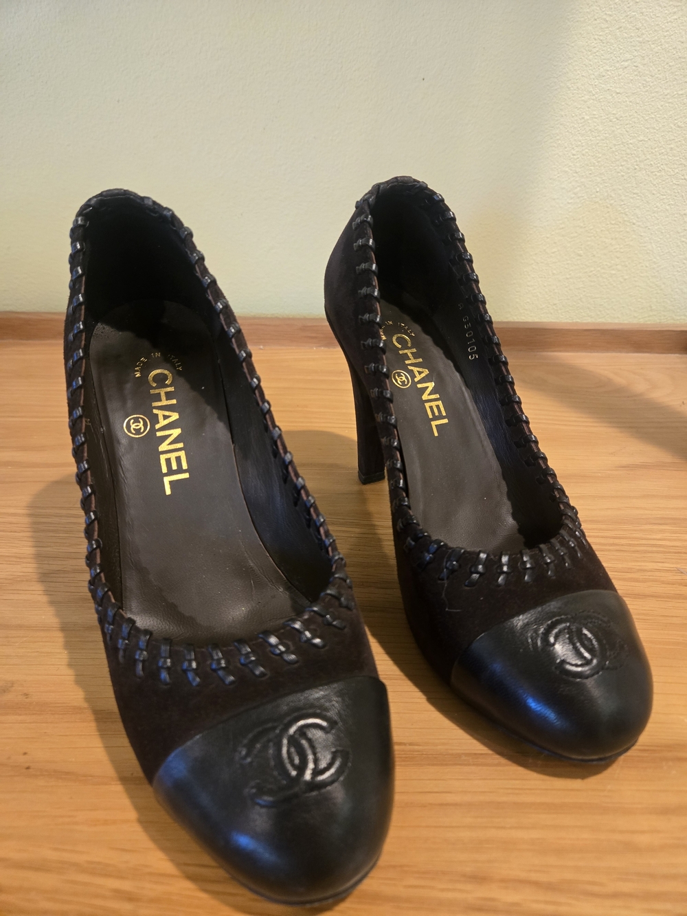 CHANEL Black Suede and Leather CC Cap-Toe High Heels